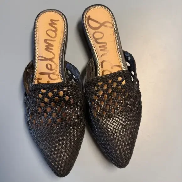 Sam Edelman Woven Black Leather Clara Mules Slip-On Flats Sz 8.5 - Picture 1 of 13